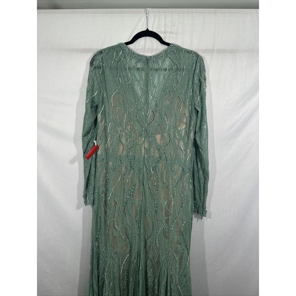 NWT Mac Duggal [ 12 ] 79291 Beaded Lace Long Sleeve Plunge Neck Gown Sage‎ green - Picture 14 of 15